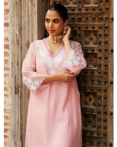 Powder Pink Embroidered Chanderi Kurta with Pants- Set of 2