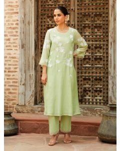 Pista Green Embroidered Chanderi Kurta with Pants- Set of 2