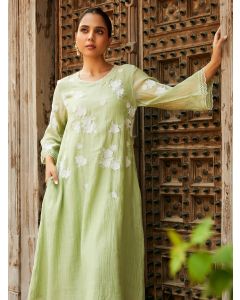 Pista Green Embroidered Chanderi Kurta with Pants- Set of 2