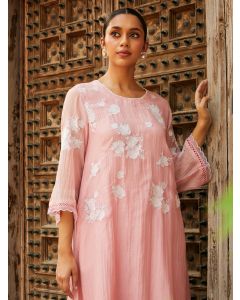 Powder Pink Embroidered Chanderi Kurta with Pants- Set of 2