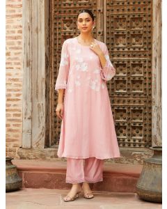 Powder Pink Embroidered Chanderi Kurta with Pants- Set of 2