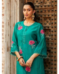 Green Embroidered Chanderi Kurta with Pants- Set of 2