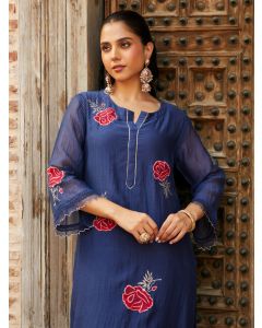 Blue Embroidered Chanderi Kurta with Pants- Set of 2