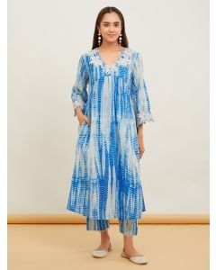 Blue Printed Cotton Kurta with Pants - Set of 2