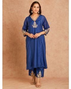 Blue Gota Work Chanderi Kurta with Pants - Set of 2