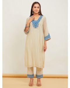Off White Embroidered Chanderi Kurta with Pants - Set of 2