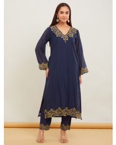 Blue Embroidered Viscose Chanderi Kurta with Pants - Set of 2