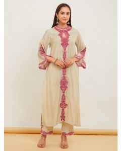 Off White Embroidered Viscose Chanderi Kurta with Pants - Set of 2