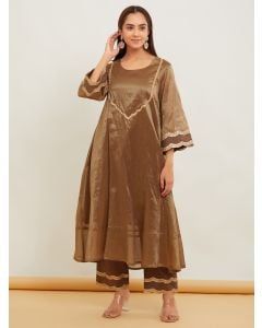 Golden Brown Striped Tissue Kurta with Pants - Set of 2