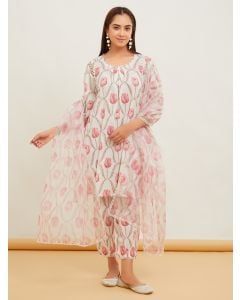 Ivory Pink Printed Cotton Suit - Set of 3