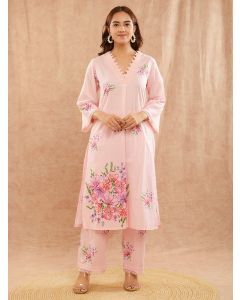 Light Pink Printed Cotton Cambric Kurta with Pants - Set of 2