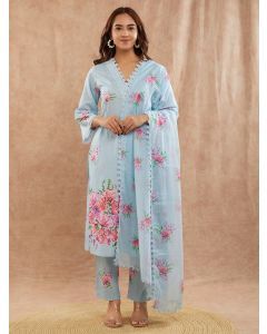 Powder Blue Printed Cotton Cambric Suit - Set of 3
