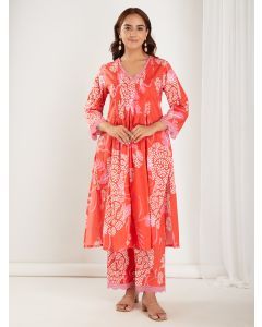 Orange Printed Cotton Kurta with Pants - Set of 2
