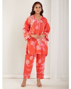 Orange Printed Cotton Tunic with Pants - Set of 2