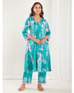 Green Printed Cotton Kurta with Pants - Set of 2
