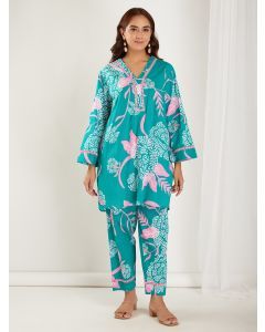 Green Printed Cotton Tunic with Pants - Set of 2