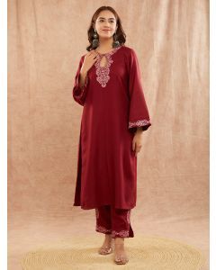 Maroon Embroidered Viscose Pashmina Kurta