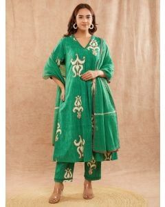 Green Printed Cotton Cambric Suit - Set of 3