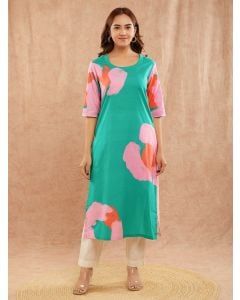 Green Pink Printed Cotton Cambric Kurta