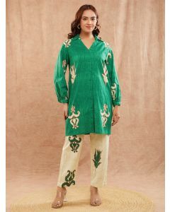 Green Printed Cotton Slub Tunic with Pants - Set of 2