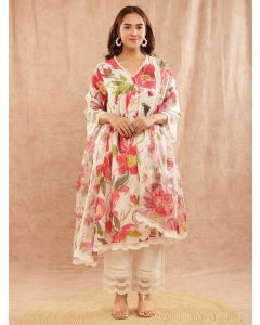 Ivory Red Printed Chanderi Suit - Set of 3