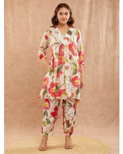 Ivory Red Printed Chanderi Kurta with Pants - Set of 2