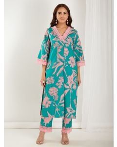 Green Pink Printed Cotton Cambric Kurta with Pants - Set of 2