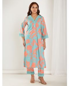 Blue Orange Printed Cotton Cambric Kurta with Pants - Set of 2