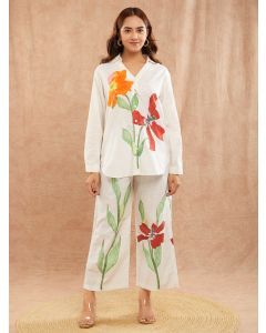 White Printed Cotton Slub Co-ord Set - Set of 2