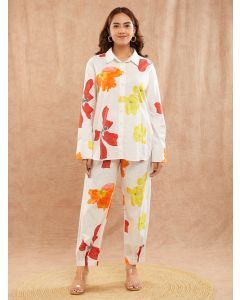 White Printed Cotton Slub Co-ord Set - Set of 2