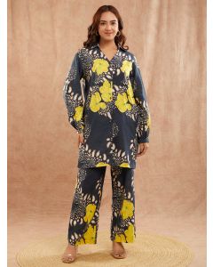 Black Printed Cotton Slub Co-ord Set - Set of 2