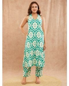 Light Yellow Green Printed Cotton Slub Kurta with Pants - Set of 2