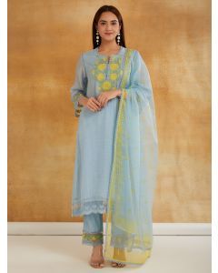 Blue Embroidered Chanderi Suit - Set of 3