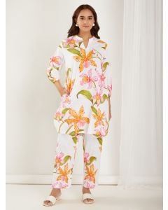 White Printed Cotton Slub Kurta with Pants - Set of 2