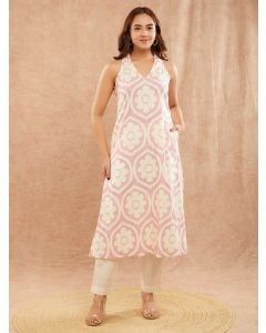 Pink Printed Cotton Slub Kurta