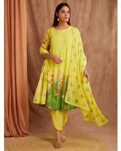 Lime Yellow Printed Chanderi Suit - Set of 3