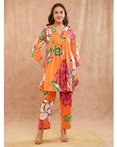 Orange Printed Cotton Kurta with Pants - Set of 2