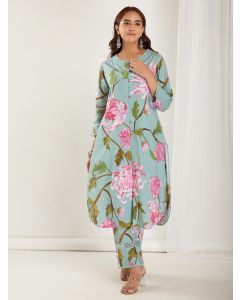 Mint Green Printed Cotton Cambric Kurta with Pants - Set of 2