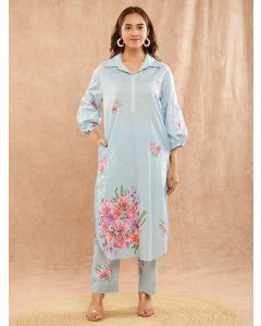 Light Blue Printed Cotton Cambric Kurta with Pants - Set of 2