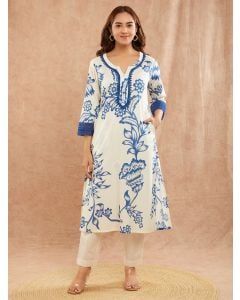 Ivory Blue Printed Cotton Kurta
