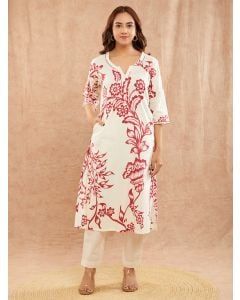 Ivory Maroon Printed Cotton Kurta