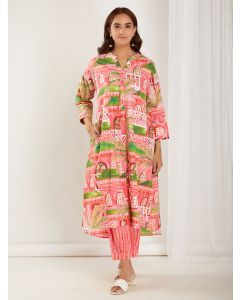 Pink Printed Cotton Kurta with Pants - Set of 2