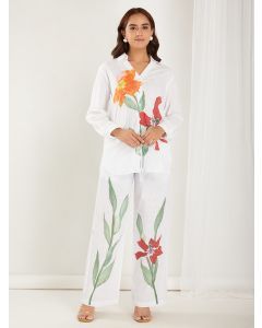 White Printed Cotton Slub Pants