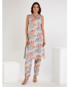 Blue Printed Cotton Kurta with Pants- Set of 2