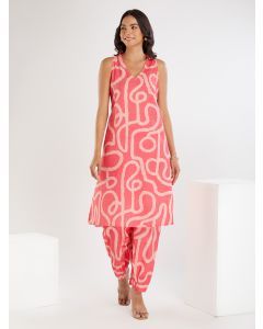 Red Printed Cotton Kurta with Pants- Set of 2