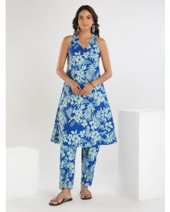 Blue Printed Cotton Kurta with Pants- Set of 2