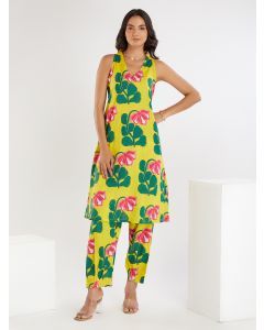 Yellow Printed Cotton Kurta with Pants- Set of 2