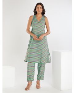 Green Stripe Printed Cotton Kurta with Pants- Set of 2