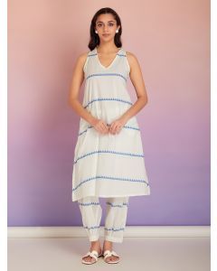 White Blue Dot Hand Block Printed Cotton Pants- Set of 2