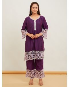 Purple Lace Work Chanderi Kurta with Pants- Set of 2
